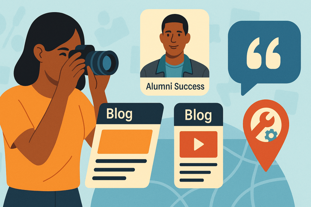 “Content marketing collage for a technology center: a student photographing, an alumni success card, testimonial quote bubble, two blog cards (one with a play icon), and a map pin.”